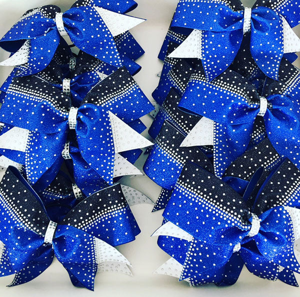 Royal Blue, Black & White Rhinestone cheerleading bows for teams