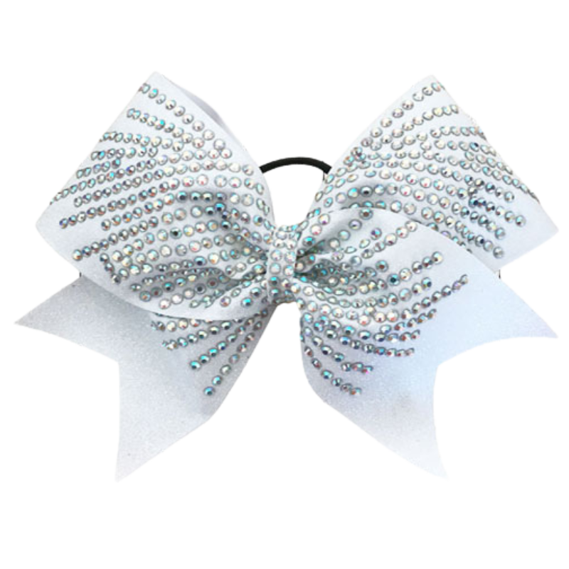 White glitter bow with big rhinestones in a heavy spray pattern