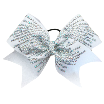 White glitter bow with big rhinestones in a heavy spray pattern