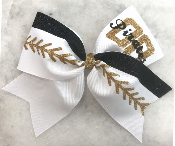 Softball Bow with laces team name number gold black white