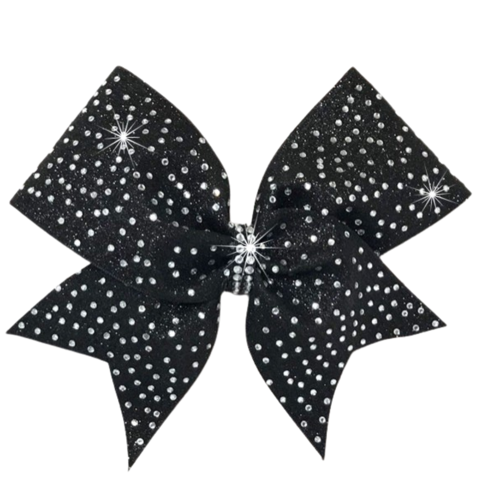 black starburst bow with crystals on black glitter