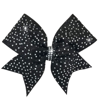 black starburst bow with crystals on black glitter