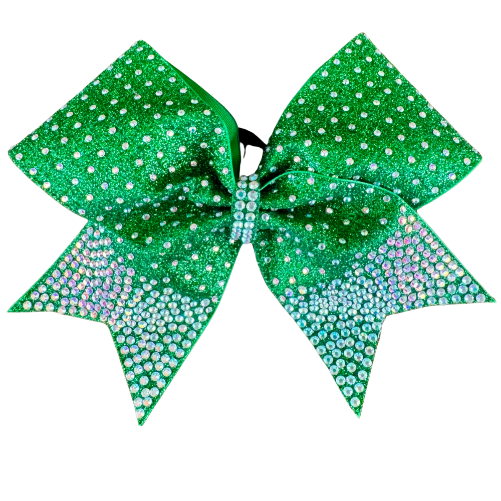 Fin Tail cheer bow design in Emerald Green & Crystal Ab Stones