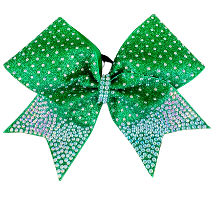 Fin Tail cheer bow design in Emerald Green & Crystal Ab Stones