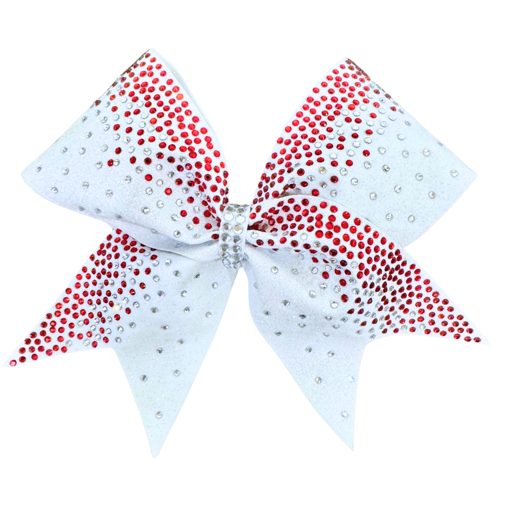 red rhinestones on white glitter cheer bow
