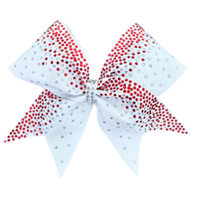 red rhinestones on white glitter cheer bow
