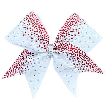 red rhinestones on white glitter cheer bow
