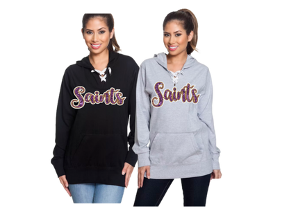 Our favorite Long sleeved Tee shirt with Saints in gold outline purple center!