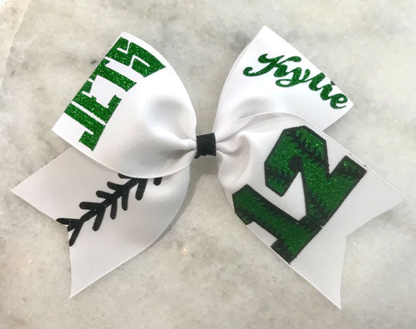 Softball Bow with number in kelly green black and white