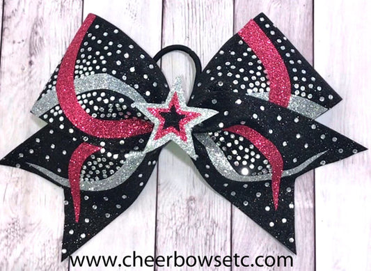 Blush pink, silver and black 3D infinity cheer bow with rhinestones