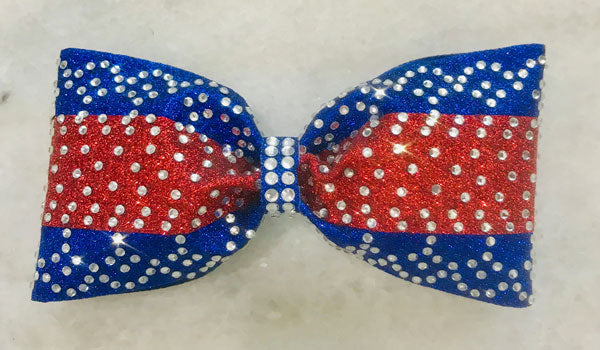 Red, Royal Blue & Crystal Rhinestone Tailless Cheer Bow