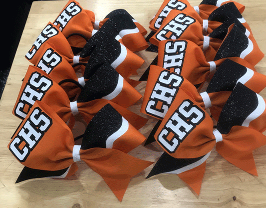 Orange black and white CHS cheer bows 