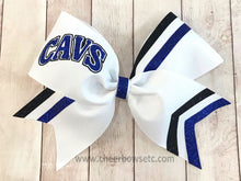 Collegiate Cavs Cheer Bow-White grosgrain, black and royal glitter. 