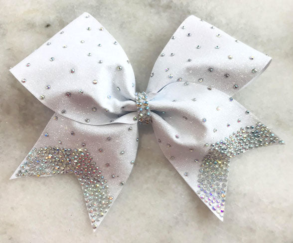 White cheer bow with sparkly crystal ab rhinestones