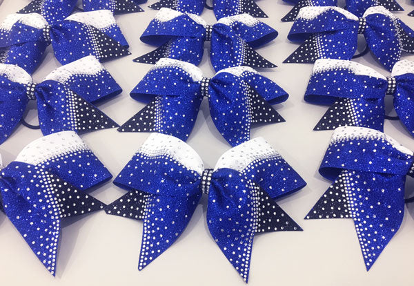 White, Royal Blue & Black competition cheerleading bow with rhinestones