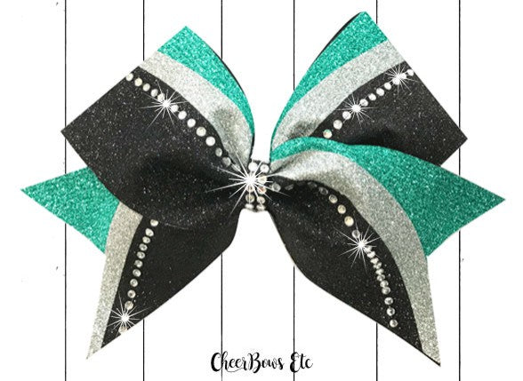 Teal Silver & Black Rhinestone Switch Kick cheer bow