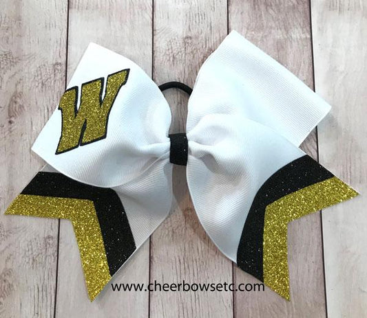 Collegiate Letter Bow with double glitter chevrons gold and black