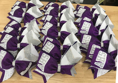 Purple white silver cheer bows 