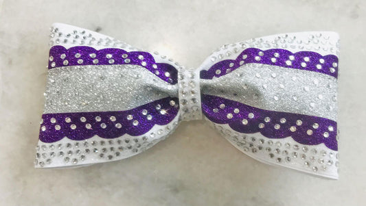 Scalloped purple silver white cheer bow