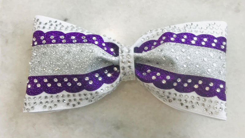 Scalloped purple silver white cheer bow