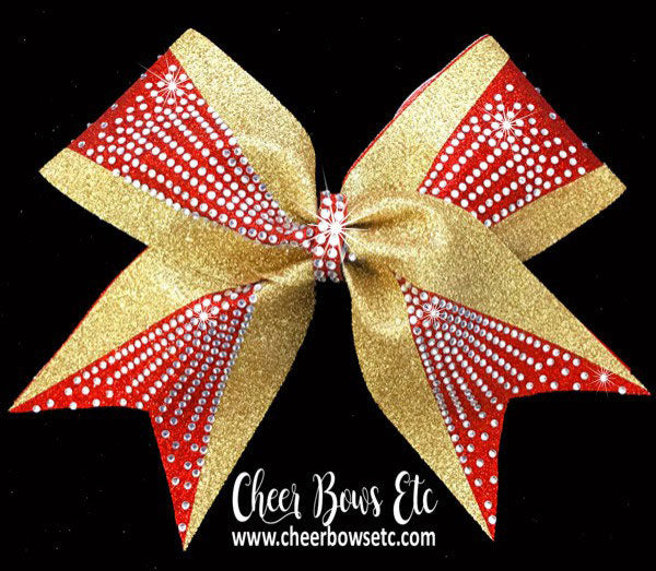 cheerleading bow in red and gold glitter with sparkly rhinestones 