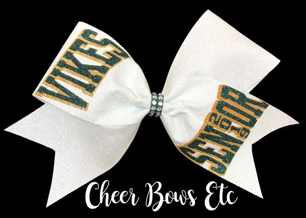 White Glitter Bow with hunter Green and Gold team lettering, Vikings 