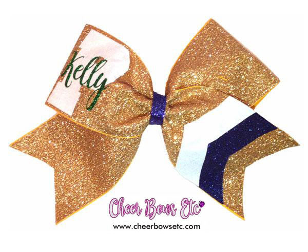 gold, white , emerald and navy personalized cheer bow