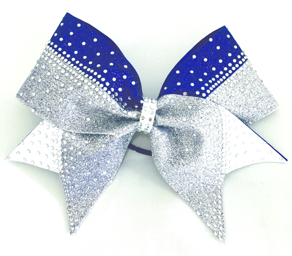 Silver, Royal Blue & White cheerleading bow with rhinestones