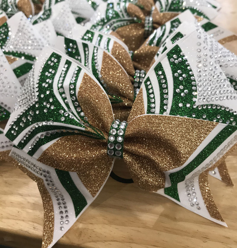 white old gold and emeral girl power cheer bow