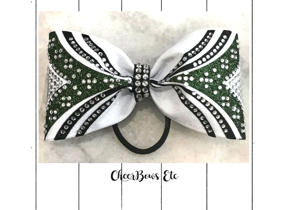 girl power white black and forest green rhinestone bows