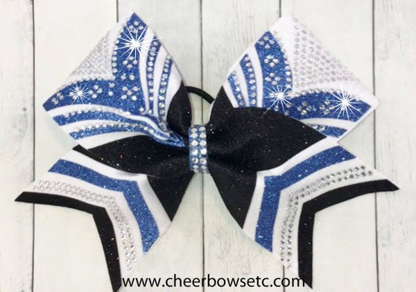 Custom Cheerleading Hair Bow in columbia blue, black & white glitter with sparkly rhinestones 