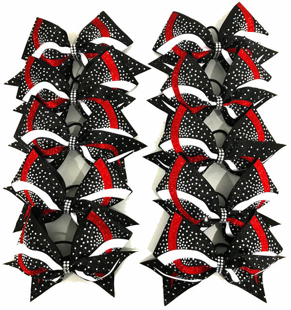 Team cheerleading bows in white red and black glitter