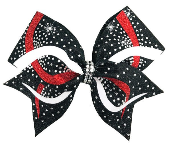 Cheerleading Hair Bow in black, white & red glitter with rhinestones