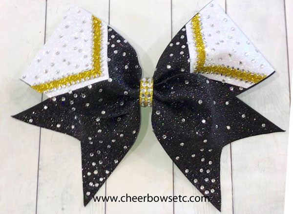 Rhinestone Cheer Bow Delight 1 in black, gold and white glitter. 