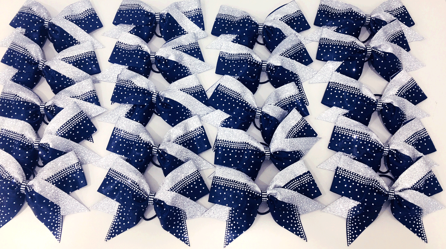 Navy Blue & Silver Rhinestone cheerleading bows 