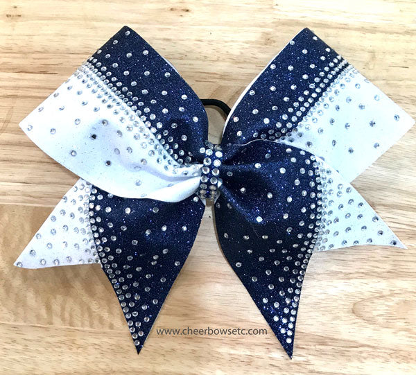 Navy Blue and White rhinestone cheer bow