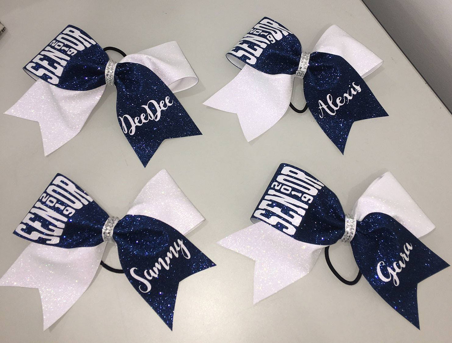 navy blue and white glitter custom competition cheer bow