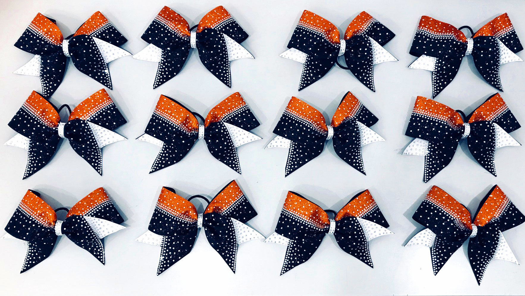 Orange Black and white team cheerleading bows with rhinestones