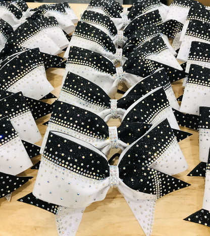 White, black with crystal AB rhinestones cheer bows