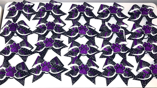 3D Paw Bows in purple white and black. Cheer Bow