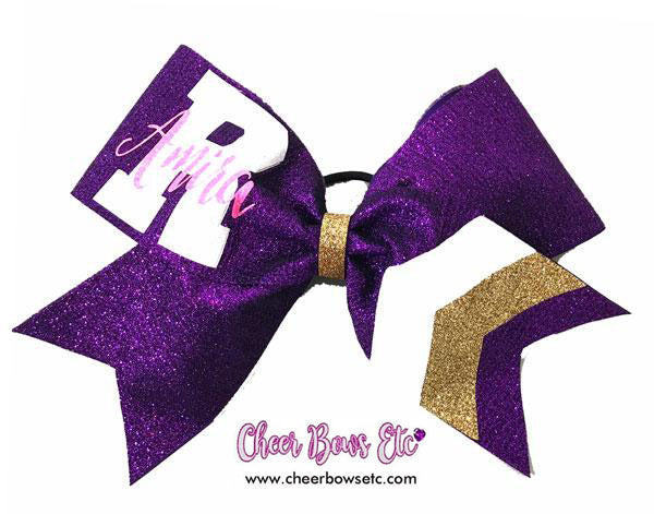 purple, white and gold personalized chevron cheer bow