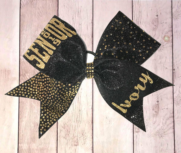 Senior rhinestone and glitter bow in black with gold lettering