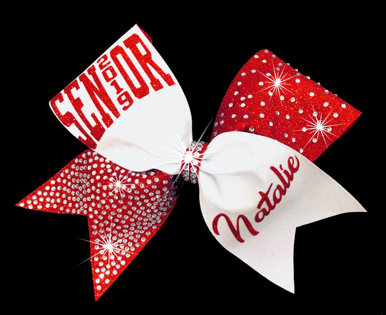 Tick Tock Cheerleading Bow red and white glitter with rhinestones