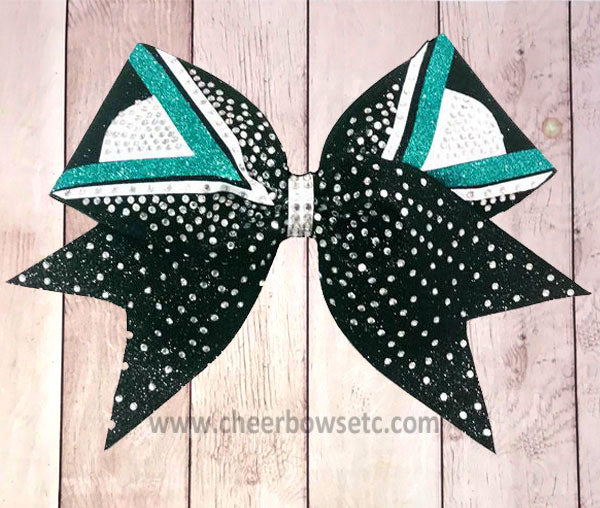 Teal, Black and White Rhinestone Competition Cheer Bow