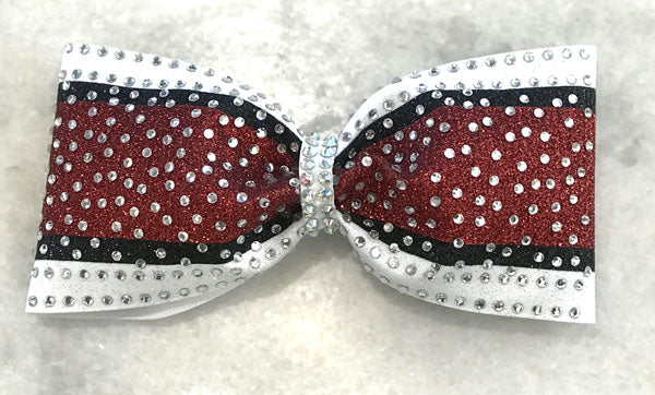 White with red and black trim rhinestone bow