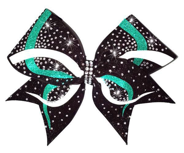 Cheerleading hair bow in teal, white and black glitter with rhinestones